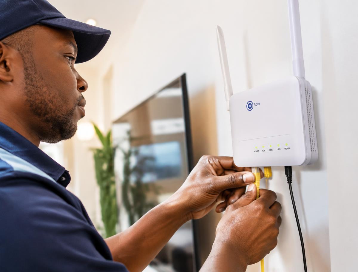 Technician installing a fibre router